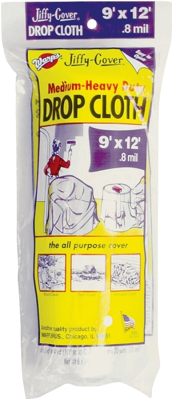 Warp's 8JC-912 Drop Cloth, 12 ft L, 9 ft W, 0.8 mil Thick, Plastic, Clear