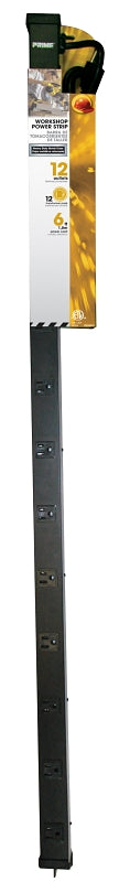 Prime PB800012 Power Outlet Strip, 6 ft L Cable, Straight Plug, 12 -Socket, 15 A, 125 V, Black