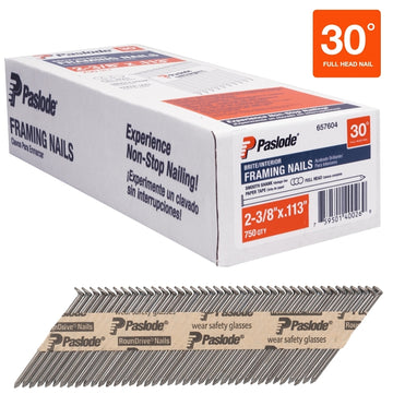 Paslode 657604 Series Framing Nail, Paper Tape Collation, 2-3/8 in L, Steel, Brite, Round Head, Smooth Shank
