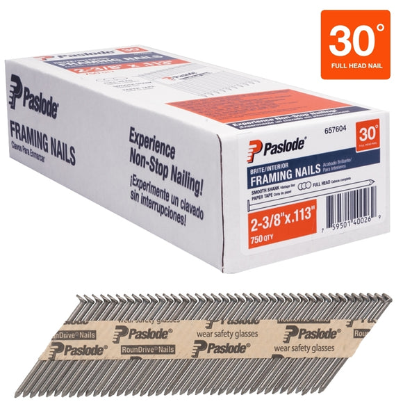 Paslode 657604 Series Framing Nail, Paper Tape Collation, 2-3/8 in L, Steel, Brite, Round Head, Smooth Shank