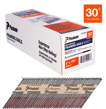 Paslode 657836 Series Framing Nail, Paper Tape Collation, 3 in L, Steel, Brite, Round Head, Smooth Shank