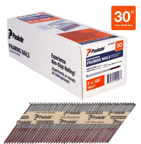 Paslode 657836 Series Framing Nail, Paper Tape Collation, 3 in L, Steel, Brite, Round Head, Smooth Shank