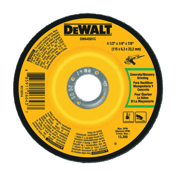 DEWALT DWA4501C Grinding Wheel, 4-1/2 in Dia, 1/4 in Thick, 7/8 in Arbor, 24 Grit, Aluminum Oxide Abrasive