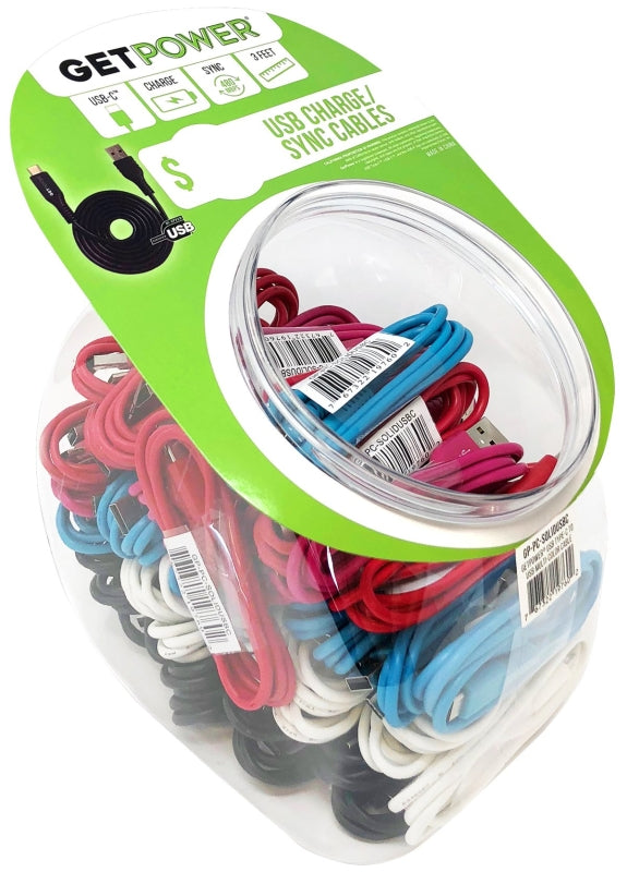 GetPower CWP-USBBOWLUSBC Braided USB Charge/Sync Cable, Assorted Sheath, 3 ft L