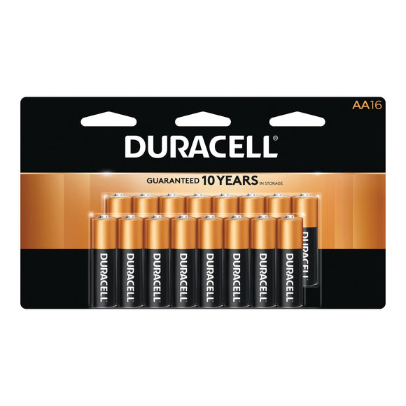 Duracell COPPERTOP MN1500 Series MN1500B16 Battery, 1.5 V Battery, AA Battery, Alkaline, Manganese Dioxide, 16/PK