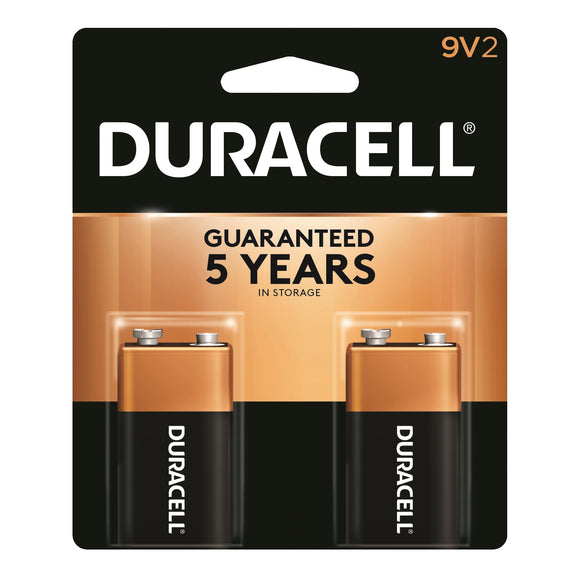 Duracell MN1604B2Z Battery, 9 V Battery, Alkaline, Manganese Dioxide, Rechargeable: No, 2/PK