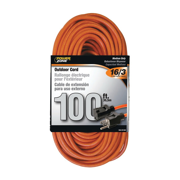 PowerZone OR501635 Extension Cord, 16 AWG Cable, 5-15P Grounded Plug, 5-15P Grounded Plug, 100 ft L, 125 V, Orange