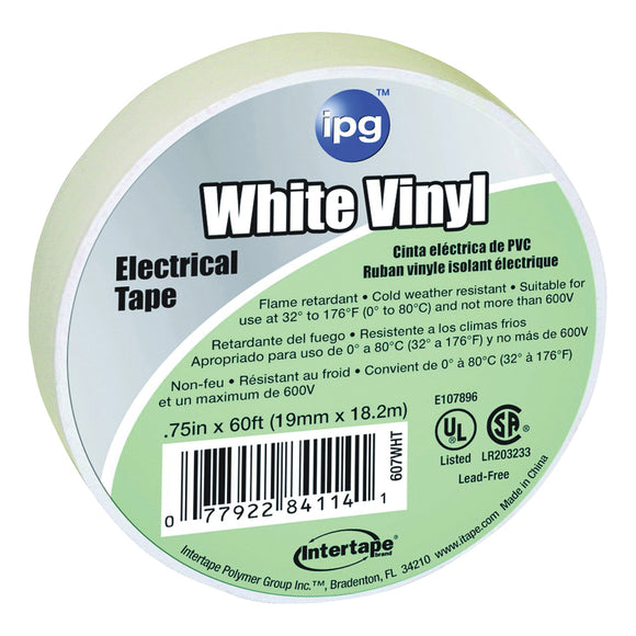 IPG 85828 Electrical Tape, 60 ft L, 3/4 in W, PVC Backing, White