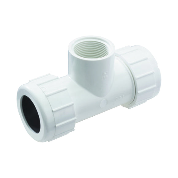 NDS CPT-1000-T Pipe Tee, 1 in, Compression x FNPT, PVC, White, SCH 40 Schedule, 150 psi Pressure