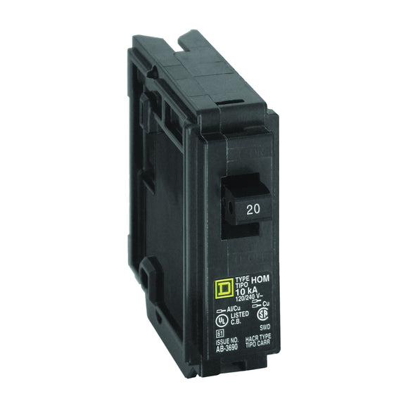 Square D Homeline HOM120CP Circuit Breaker, Mini, 20 A, 1-Pole, 120 V, Fixed Trip, Plug, Black