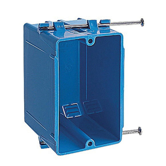 Carlon B118A Outlet Box, 18 cu-in, 1-Gang, 4-Knockout, PVC, Blue, Captive Nail