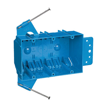 Carlon B344AB-UPC Outlet Box, 3-Gang, PVC, Blue, Captive Nail, Bracket