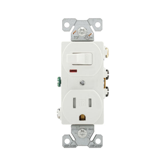 Eaton Cooper Wiring TR274W Combination Switch/Receptacle, 2-Pole, 15 A, 120 V Switch, 125 V Receptacle, White