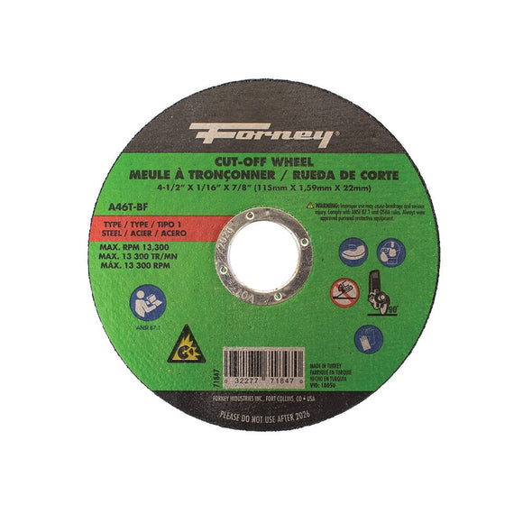 Forney 71847 Cut-Off Wheel, 4-1/2 in Dia, 1/16 in Thick, 7/8 in Arbor, 46 Grit, Medium, Aluminum Oxide Abrasive