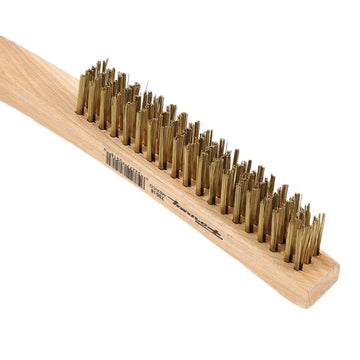 Forney 70518 Scratch Brush, 2-1/4 in W Brush, Brass Bristle, 0.012 in L Trim, Wood Handle, Curved Handle