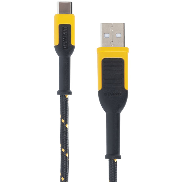 DEWALT 131 1348 DW2 Charger Cable, USB-A, USB-C, Kevlar Fiber Sheath, Black/Yellow Sheath, 6 ft L