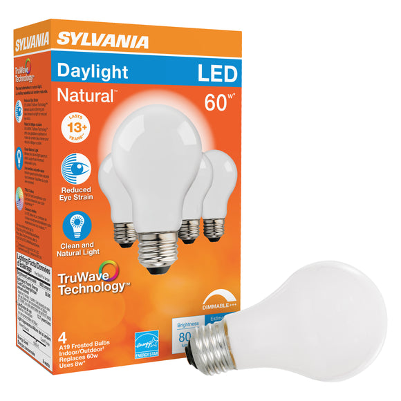 Sylvania 40672 LED Bulb, General-Purpose, Omni-Directional, A19 Lamp, 60 W Equivalent, E26 Medium Lamp Base, Dimmable