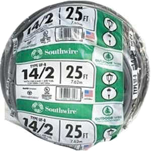 Southwire 14/2UF-W/GX25 Underground Feeder Cable with Ground, 14 AWG Wire, 2-Conductor, 25 ft L, Copper Conductor