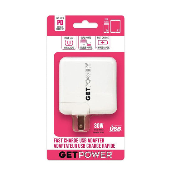 GetPower GP-AC2USB-PD USB AC Adapter, 2-USB Port, White