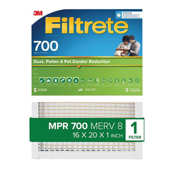 Filtrete 700-4 Air Filter, 20 in L, 16 in W, 8 MERV, 700 MPR, Fiberglass Frame