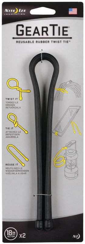 Gear Tie GT18-2PK-01 Twist Tie, Rubber, Black, 18 in L