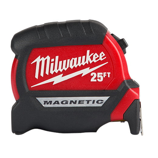 Milwaukee 48-22-0325 Tape Measure, Wide Blade, 25 ft L Blade, 1 in W Blade, Steel Blade, ABS Case, Black/Red Case