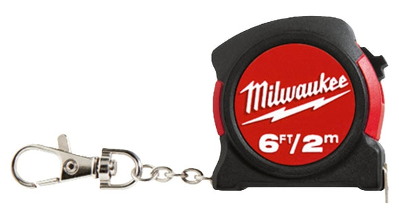 Milwaukee 48-22-5506 Keychain Tape Measure, 6 ft L Blade, 1/2 in W Blade, Steel Blade, ABS Case, Black/Red Case