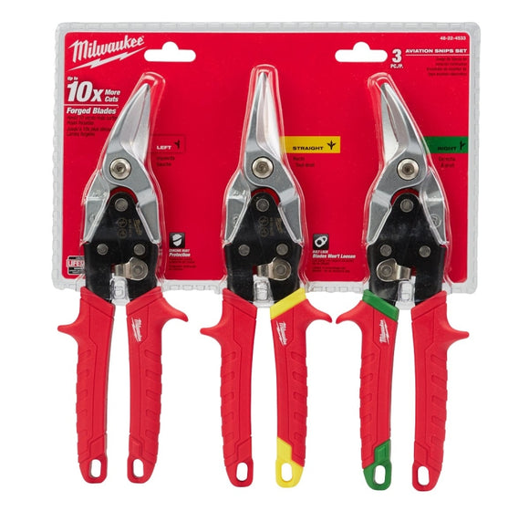 Milwaukee 48-22-4563 Aviation Snip Set, 3-Piece, Forged Steel/TPR, Chrome-Plated, Green/Red/Yellow