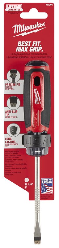 Milwaukee MT206 Screwdriver, 1/4 in Drive, Slotted Drive, 8.3 in OAL, 4 in L Shank, Acetate Handle, Cushion Grip Handle