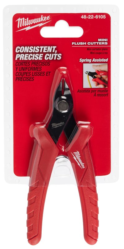 Milwaukee 48-22-6105 Mini Flush Cutter, 5 in OAL, Steel Jaw, Overmolded, Non-Insulated Handle, Red Handle