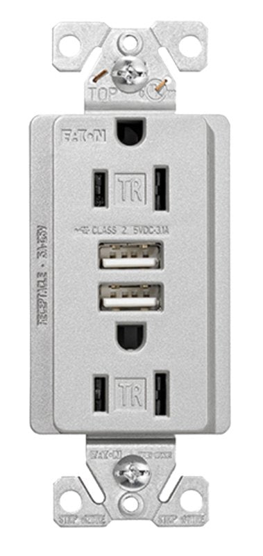 Arrow Hart TR7755SG-K-L Combination USB Duplex Receptacle, 2-Pole, 3.1 a USB, 15 a Receptacle, 2-USB Port