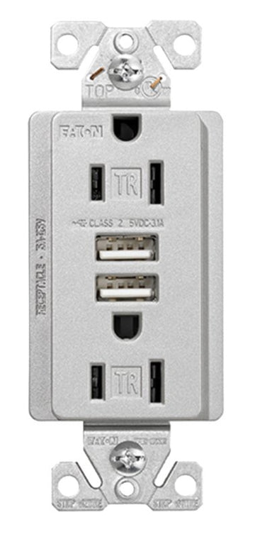 Arrow Hart TR7755SG-K-L Combination USB Duplex Receptacle, 2-Pole, 3.1 a USB, 15 a Receptacle, 2-USB Port