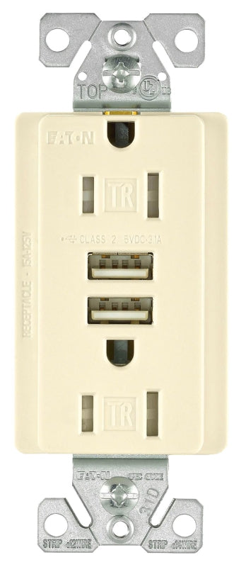 Arrow Hart TR7755LA-K Combination USB Duplex Receptacle, 2-Pole, 3.1 a USB, 15 a Receptacle, 2-USB Port, Light Almond