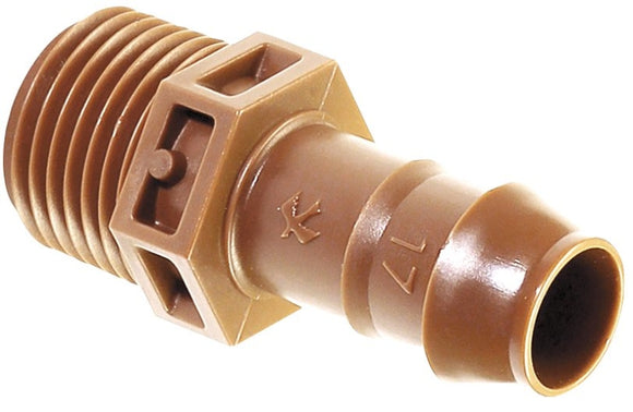 Rain Bird BA-050MPSX Drip Adapter, 1/2 in Connection, Male x Barb, PVC, Brown