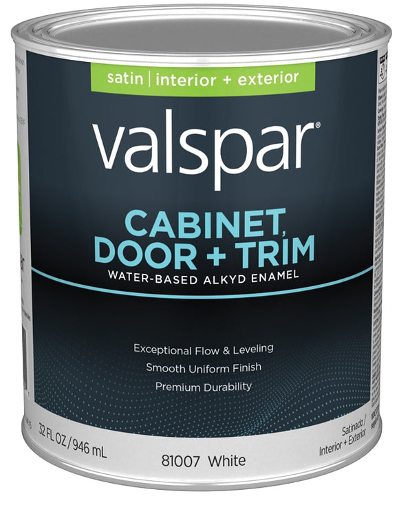 Valspar 8100 Series 028.0081007.005 Cabinet, Door and Trim Enamel Paint, Water Base, Satin Sheen, White Base, 1 qt, Can