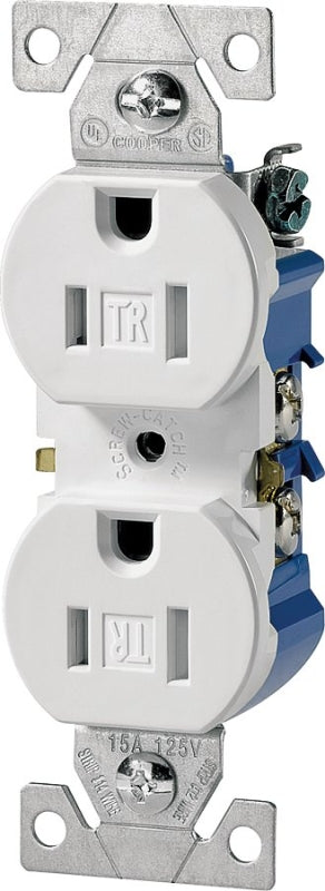 Eaton TR270W Duplex Receptacle, 2-Pole, 15 A, 125 V, Push, Side Wiring, NEMA: 5-15R, White