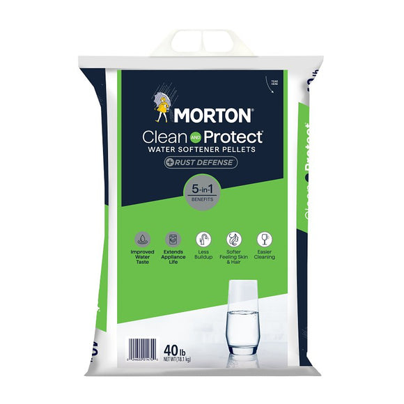 Morton Clean and Protect F124700000G Water Softener with Rust Defense, Pellet, 40 lb, Green Bag