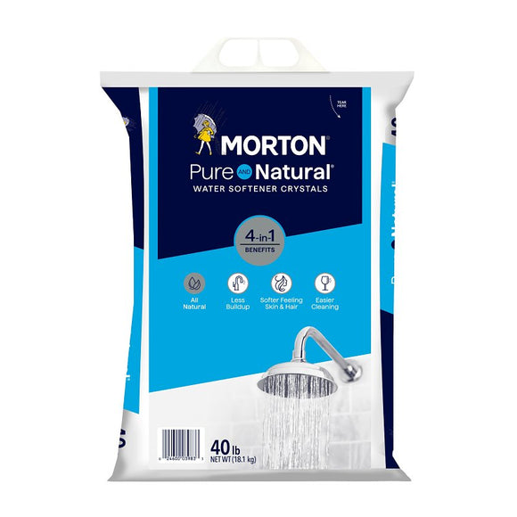 Morton Pure and Natural F149830000G Water Softener Salt, 40 lb, Blue Bag, Crystal, Odorless