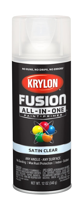 Krylon All-In-One® K02735007 Spray Paint, Satin, Clear, 12 oz Can