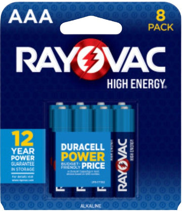 Rayovac High Energy 824-8T1 Battery, 1.5 V Battery, 1100 mAh, AAA Battery, Alkaline