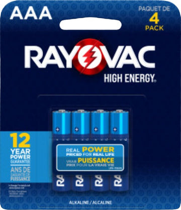Rayovac 824-4J Battery, 1.5 V Battery, AAA Battery, Alkaline, Blue, 4/PK