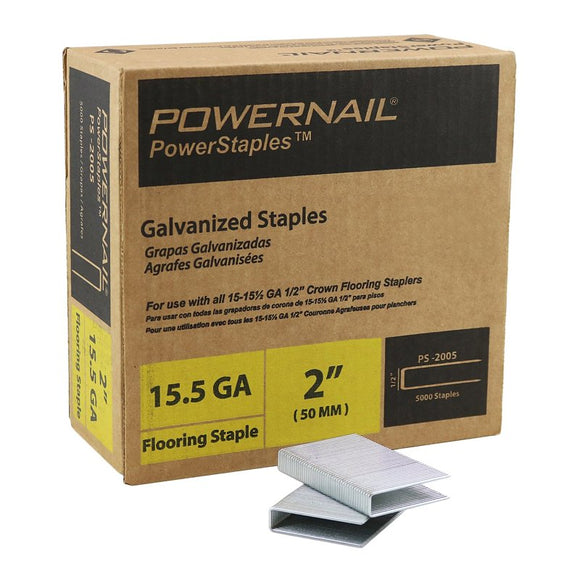 Powernail PowerStaples PS2005 Flooring Staple, 1/2 in W Crown, 2in L Leg, 15.5ga, Carbon Steel, Galvanized/Zinc, 5000/PK