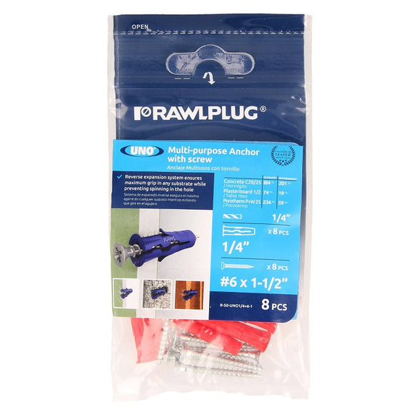 Rawlplug Rawl Uno Series R-S0-UNO1/4+6-1 Multi-Purpose Anchor, 13 mm Thread, 1-1/4 in L, Polypropylene