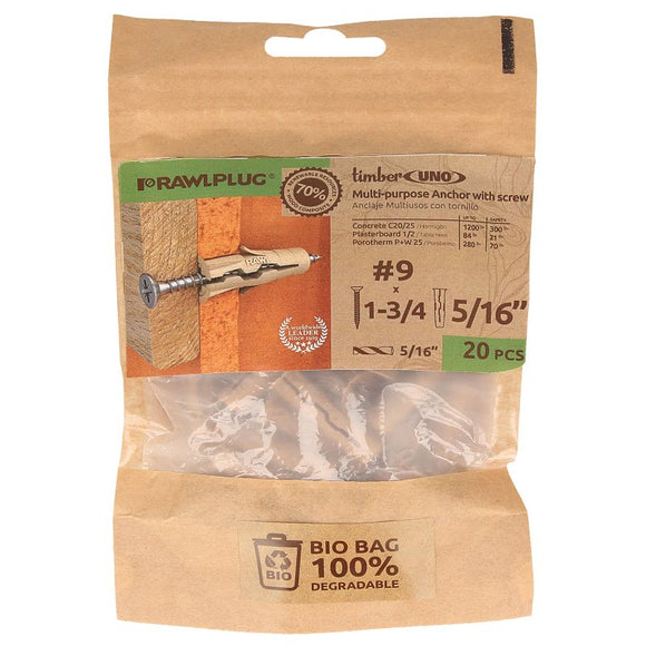 Rawlplug UNO Series R-BIO-UNOT5/16+9- Drywall Anchor, 32 mm L, Polypropylene/Recycled Timber, 30 to 190 lb