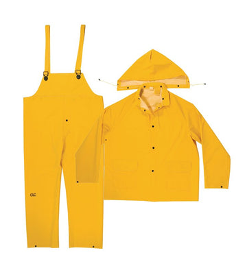 CLC R1014X 3-Piece Heavyweight Rain Suit, 4XL, Polyester/PVC, Yellow, Hooded, Adjustable Strap, Drawstring, Snap