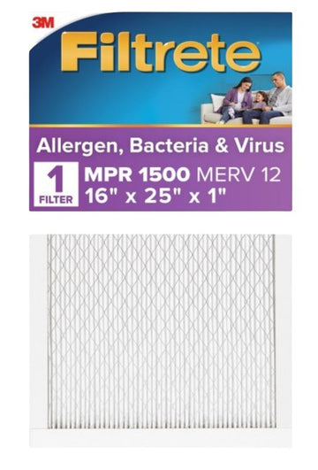 Filtrete 2001-4-HR Furnace Air Filter, 25 in L, 16 in W, 1-Pleat, 12 MERV, 12 MPR