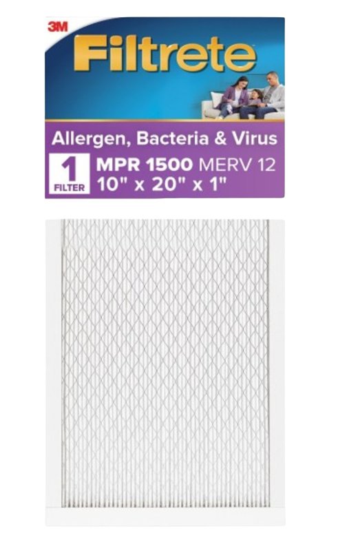 Filtrete 2007DC-4 Air Filter, 20 in L, 10 in W, 12 MERV, 1500 MPR, For: Air Conditioner, Furnace and HVAC System