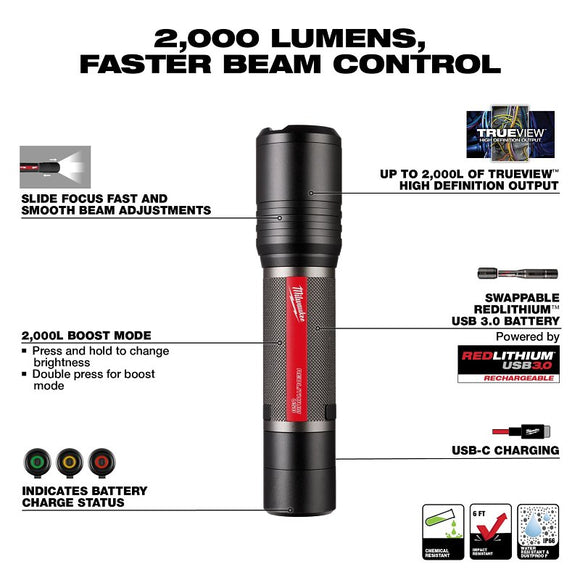 Milwaukee REDLITHIUM 2162-21 Slide Focus Flashlight, Lithium-Ion Battery, LED Lamp, 2000, 200 m Beam Distance
