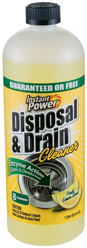 Instant Power 1501 Disposal and Drain Cleaner, 1 L, Liquid, Lemon Scent, Clear Yellow