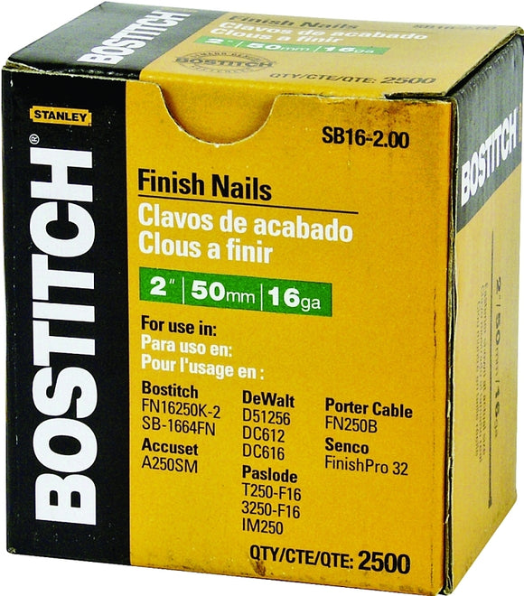 Bostitch SB16-200 Finish Nail, 2 in L, 16 ga, Steel, Smooth Shank
